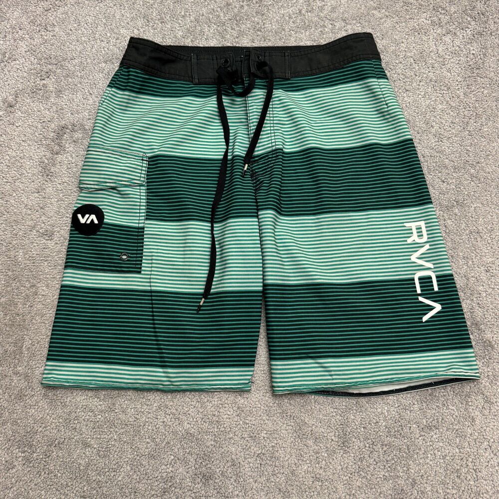 RVCA Performance Stretch Striped Surf Board Shorts Swim Trunks Mens 29 Green